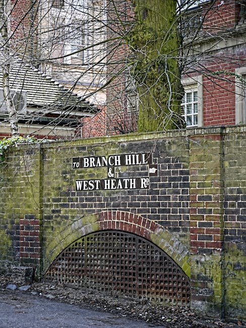 A close-up view of an old brick wall with a metal grid-covered tunnel entrance underneath. The wall displays a weathered sign with black and white lettering indicating directions to 'Branch Hill' and